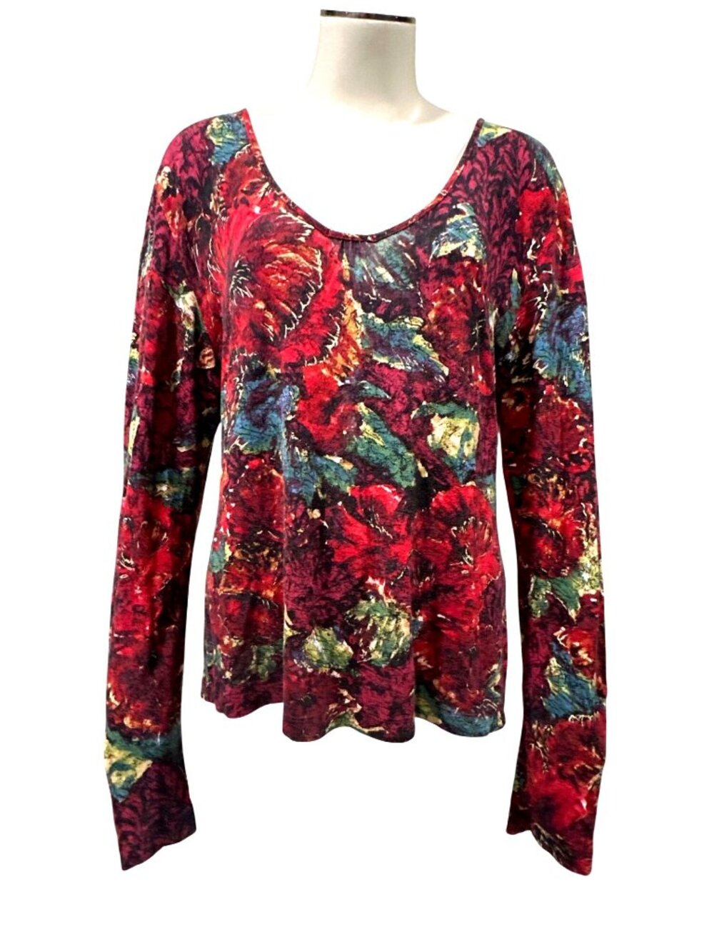 Chicos Size 1 Red Multicolor Long Sleeve Blouse Floral Print Stretchy Casual Fit
